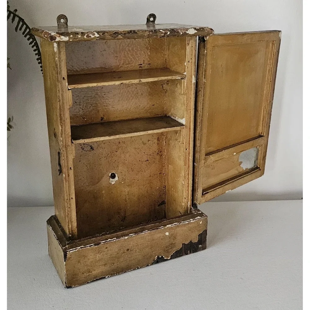 Primitive Wood Wall Cabinet Old Mustard Yellow Glass Panels